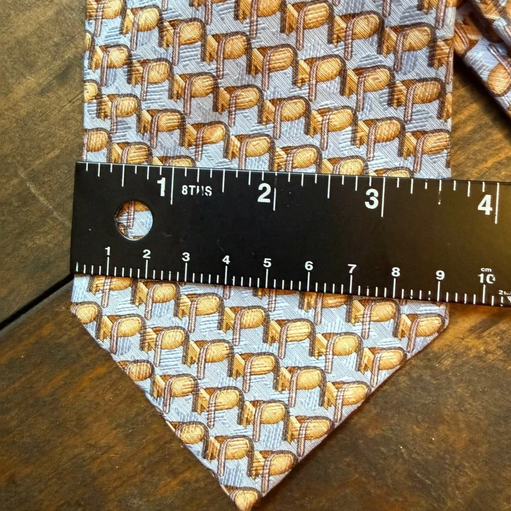 Ermenegildo Zegna Silk Tie OS Geometric Chair Pattern Blue Tan Italy Luxury